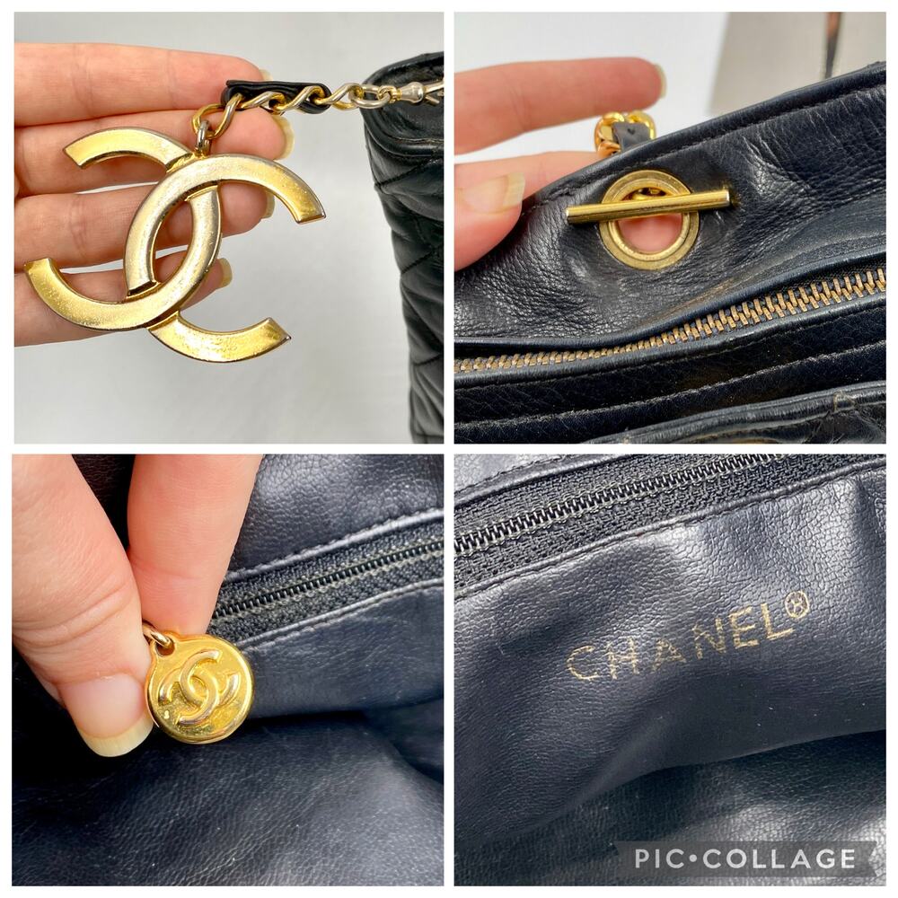 Chanel Vintage Quilted Tote Bag Black Leather Shoulder Shopper chain 24kt - Picture 11 of 15